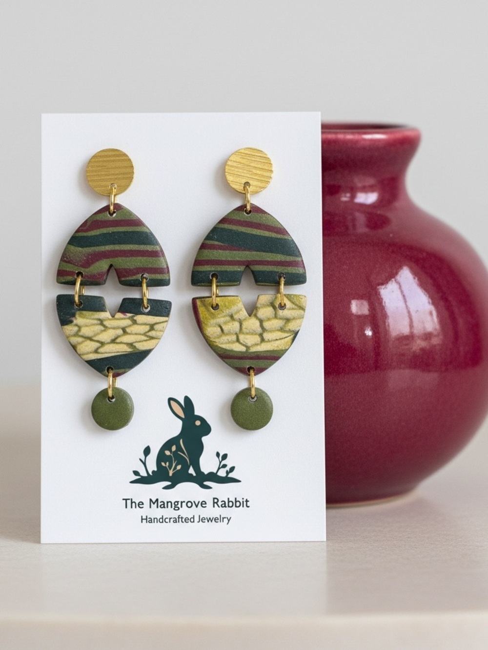 Crimson Ecru Green Swirl Large Handmade Polymer Clay Dangle Earrings w SS Posts